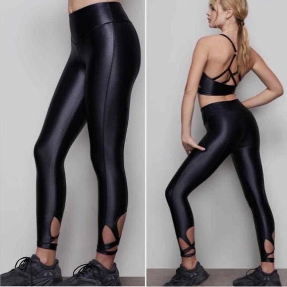 Good American Pants - Good American High-Rise Black Shiny Leggings with Ankle Cutouts